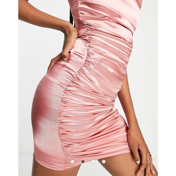 NWT Ruched Blush Satin Mini Slip Dress SZ 10 Tall Elegant Coquette Office Siren - Picture 3 of 16